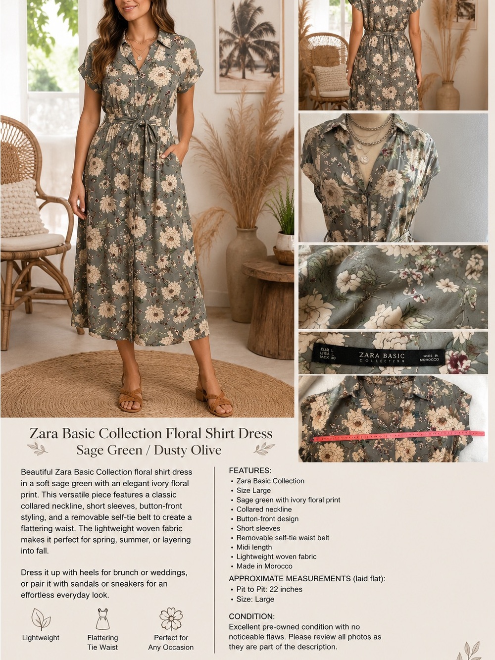 Zara Sage Green Floral Midi Shirt Dress with Tie Waist